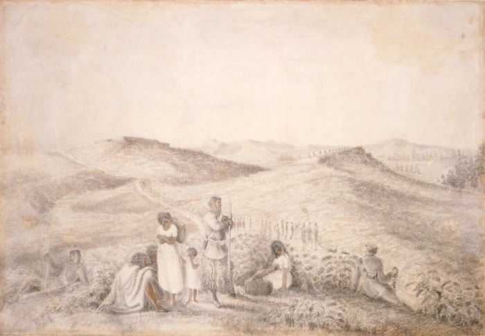 [Tempsky, Gustavus Ferdinand von] 1828-1868 :Ohaupo Redoubt & Forest Ranger camp; prisoners in foreground. [1864]