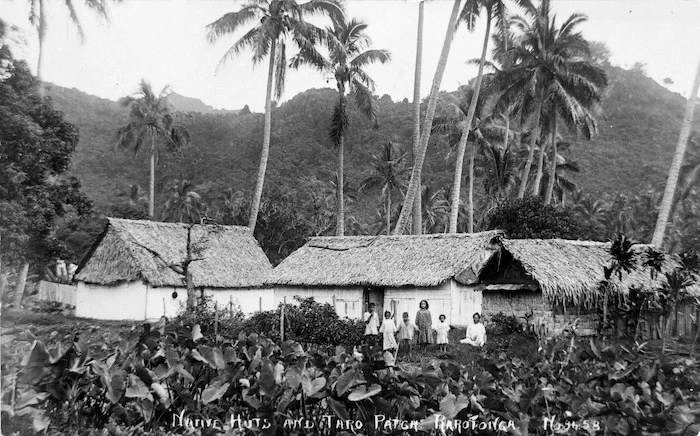 Dwellings, taro patch and group, Rarotonga, Cook Islands