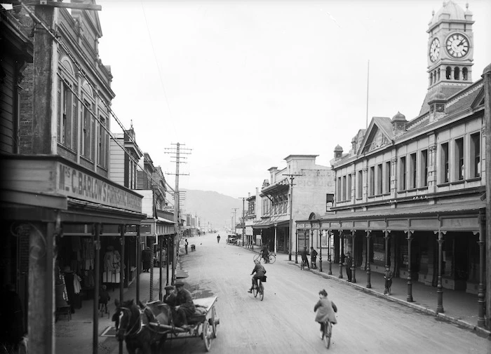 Looking down Jackson Street, Petone, with Mrs C Barlow's Furnishing Warehouse on the left