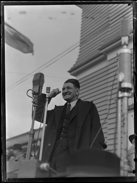 John Alfred Alexander Lee, Labour Under-Secretary, giving a speech [Orakei, Auckland?]