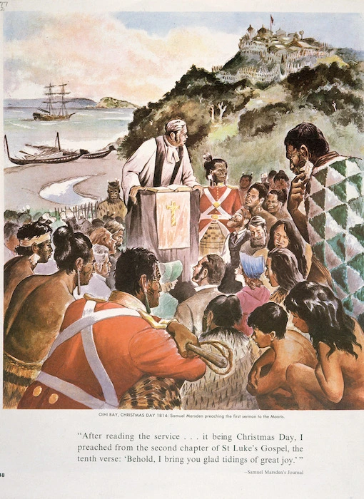 Morgan, Jack :Oihi Bay, Christmas Day 1814; Samuel Marsden preaching the first sermon to the Maoris. [Auckland, Weekly News, 1964]