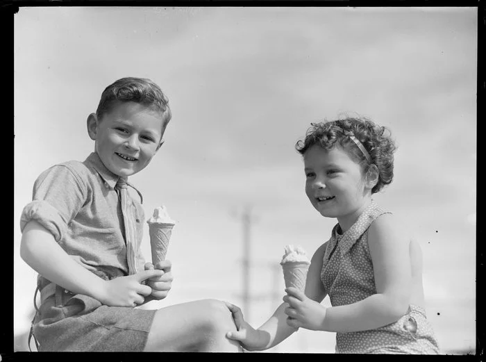 Summer Child Studies series, unidentified young boy and girl, eating ice creams