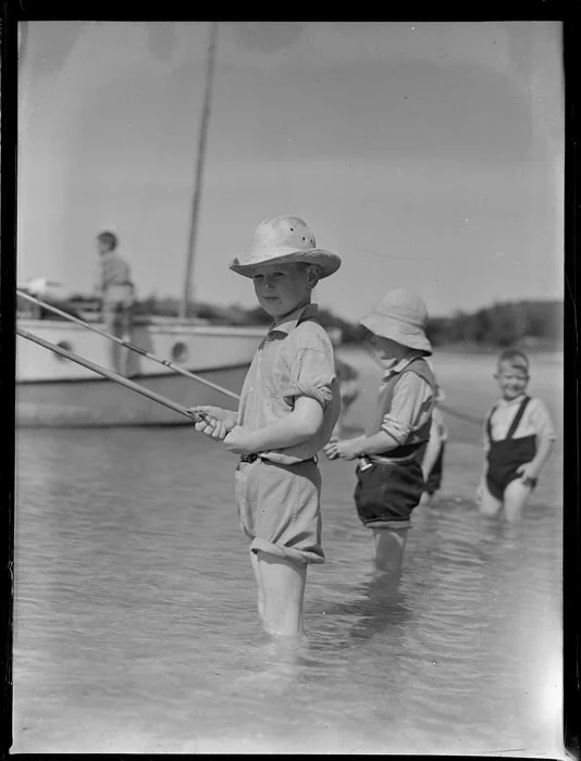 Summer Child Studies series, three unidentified boys, fishing
