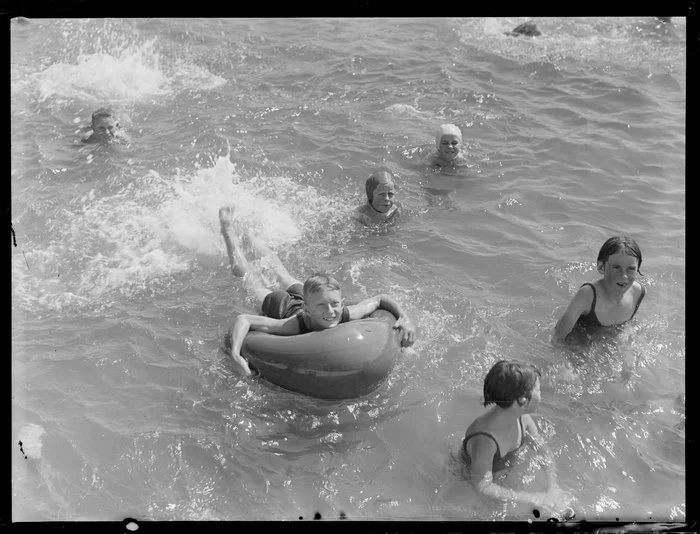 Summer Child Studies series, six unidentified children, playing in the water