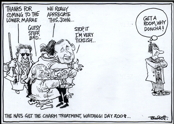 The Nats get the charm treatment, Waitangi Day 2008... "Thanks for coming to the lower marae." "Gutsy stuff, Bro..." "We really appreciate this, John..." "Stop it, I'm very ticklish..." "Get a room, why doncha!" 8 February, 2008
