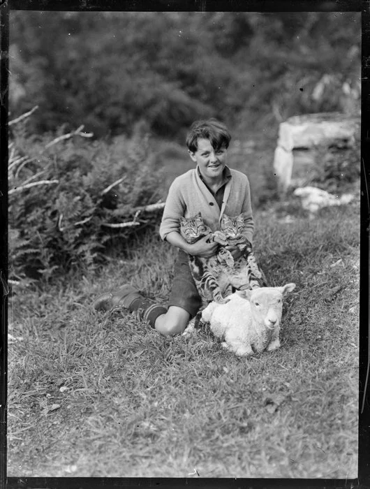 Rural scene with boy holding two cats and a lamb in front