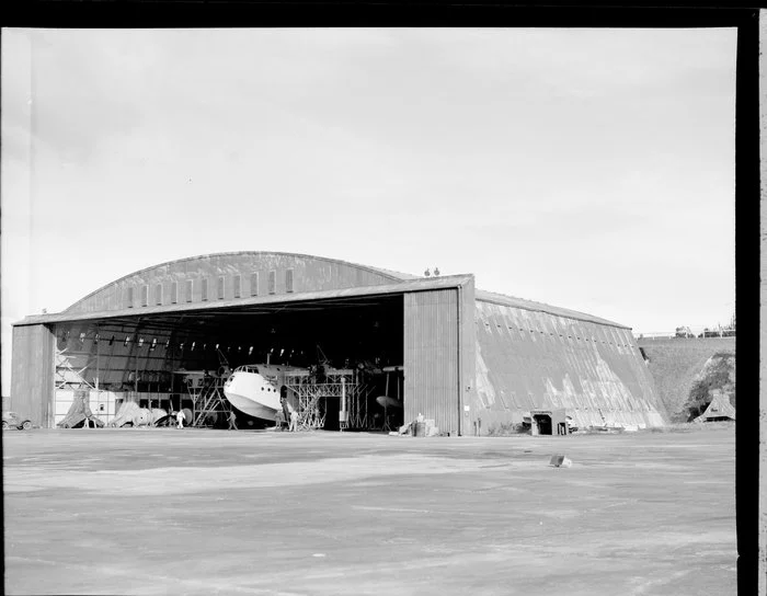 Tasman Empire Airways Ltd aircraft inside hangar, Hobsonville