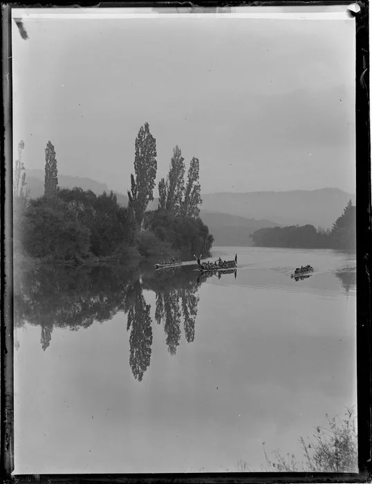 Maori canoes on Waipa River, Waikato