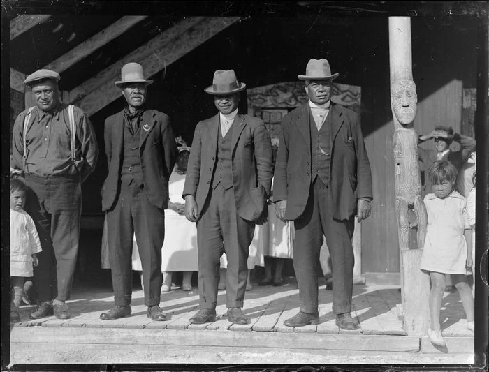 Group of Māori men, including Keepa Te Ahuru, at Korohe marae, Tūrangi