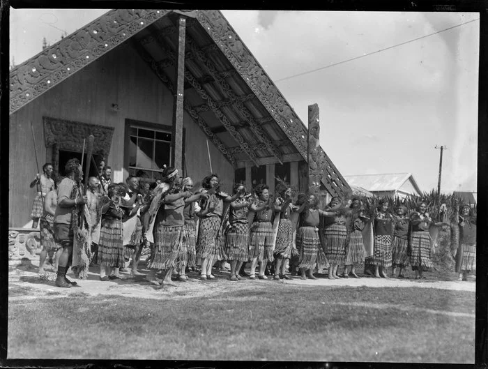 Maori group performing an action song at the marae, Waikato