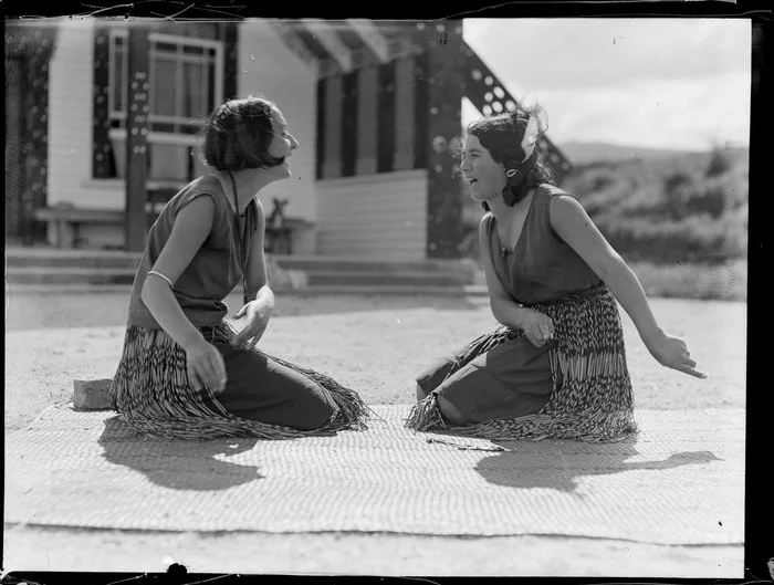Maori wahine performing an action song, Waikato