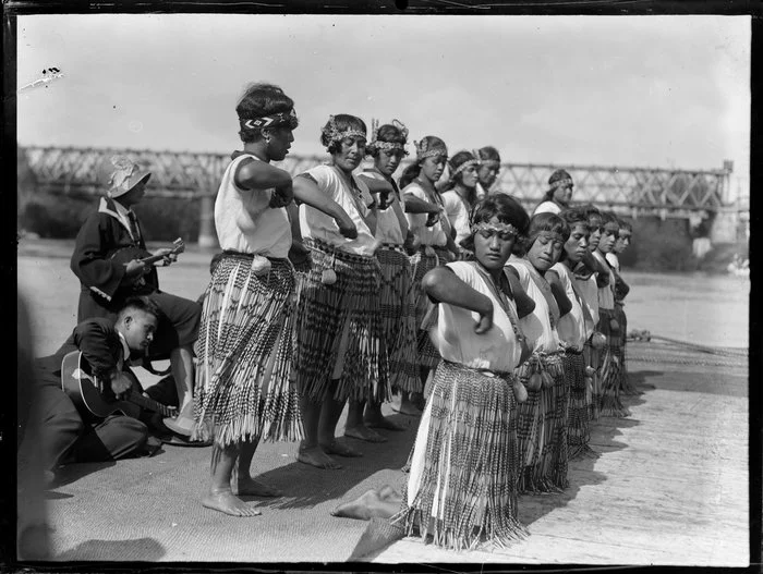 Maori wahine performing an action song, Waikato