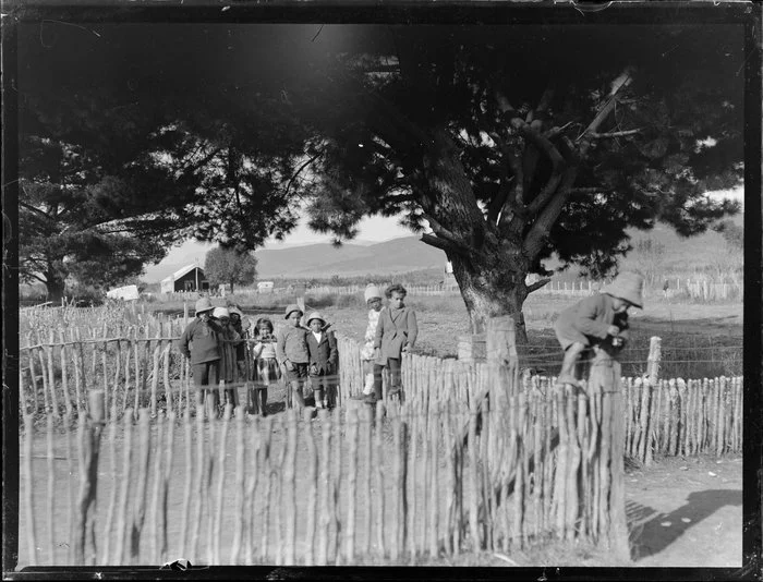 Group of Māori children playing, Korohe marae