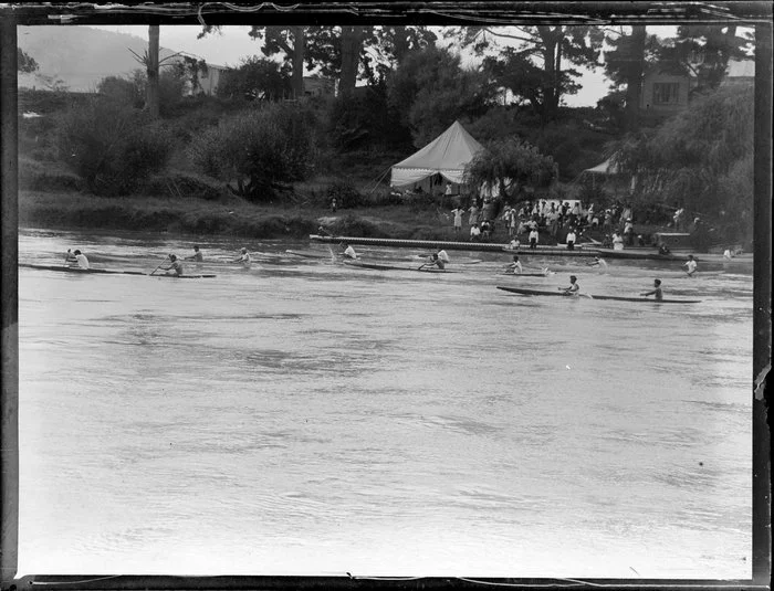 Canoe racing on the river, Waikato