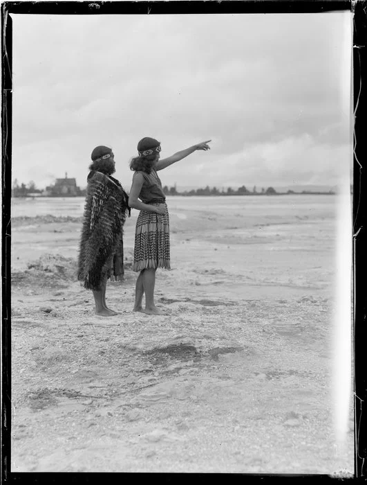Two Maori women observing the land, Waikato