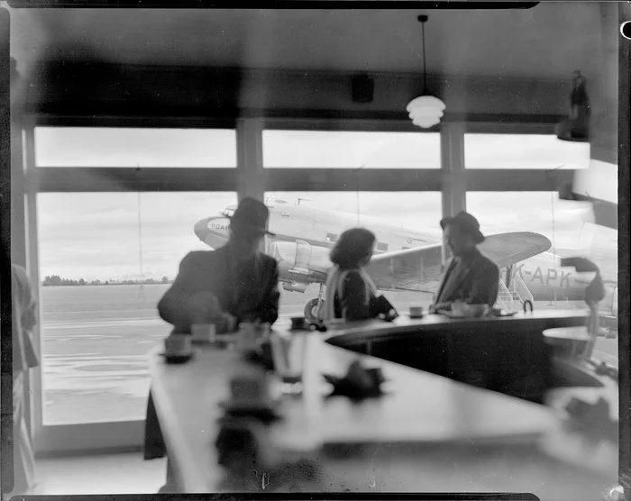 National Airways Corporation, view through window of tea room at Harewood (Christchurch)