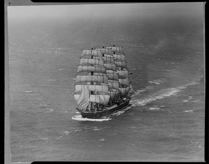Barque, Pamir, arriving under full sail in Auckland