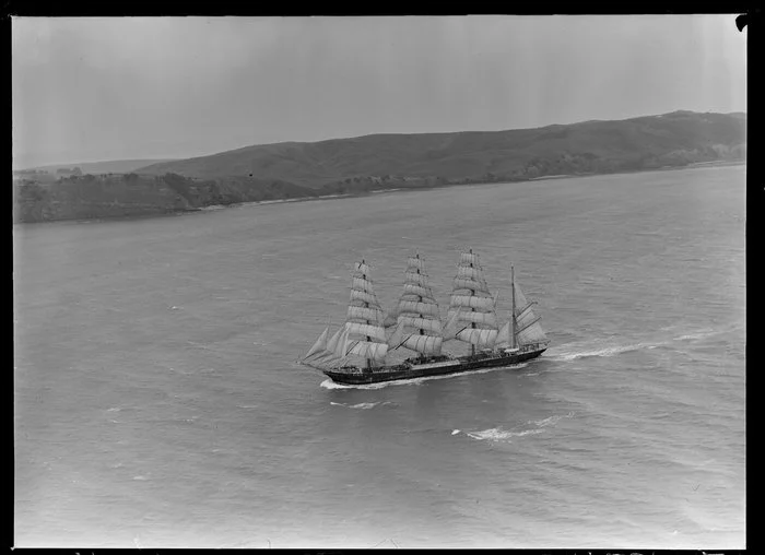 Barque, Pamir, arriving under full sail, Auckland