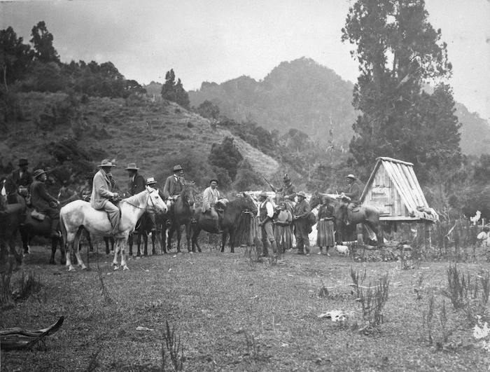 Ross, Malcolm, 1862-1930 :[Lord Ranfurly and party at a rest on the Huia-rau trail]
