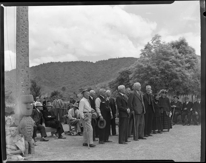 Maori elders welcoming Sir Peter Buck at Marae, Ngaruawahia, Waikato