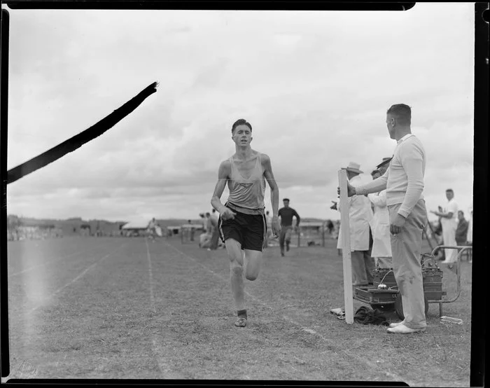 Air Force sports day, Mr Fraser of Wigram winning mile race from Mr Shrubsall