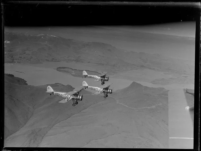 Three Avro Cadet biplanes near Wigram, Royal New Zealand Air Force air sales