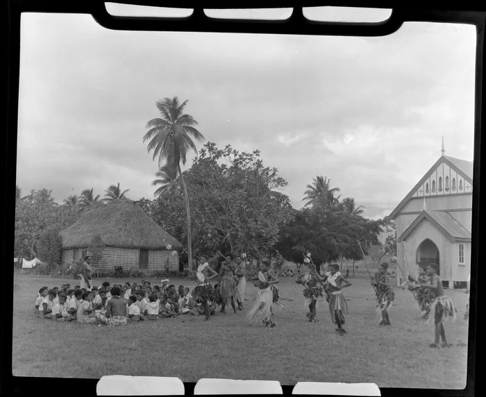 Children performing a spear dance, meke, Vuda village, Fiji