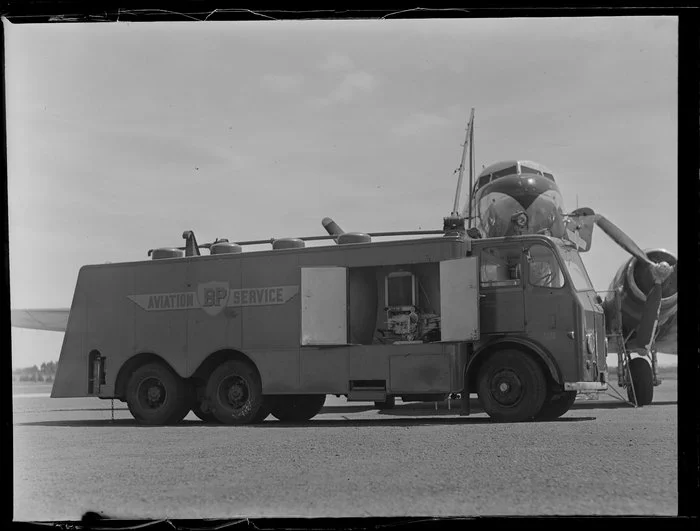 British Petroleum truck refueling an aircraft, Whenuapai