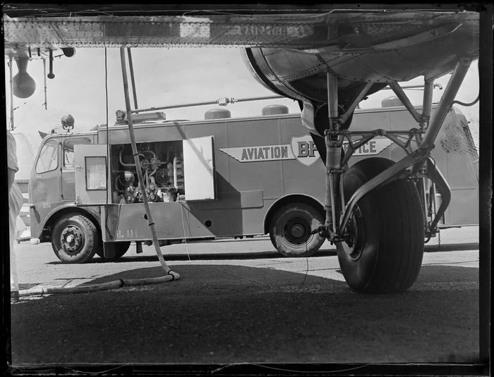 British Petroleum truck refueling an aircraft, Whenuapai