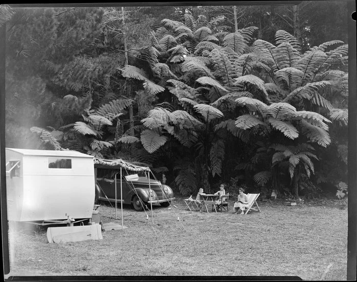 Unidentified campers at Red Beach, Rodney District, including tree ferns, car, and caravan with awning