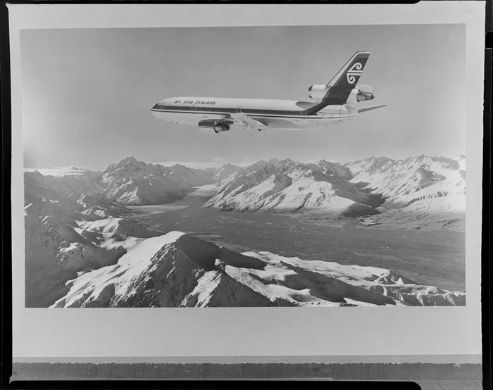 Air New Zealand DC10 aircraft flying over the Mount Cook region