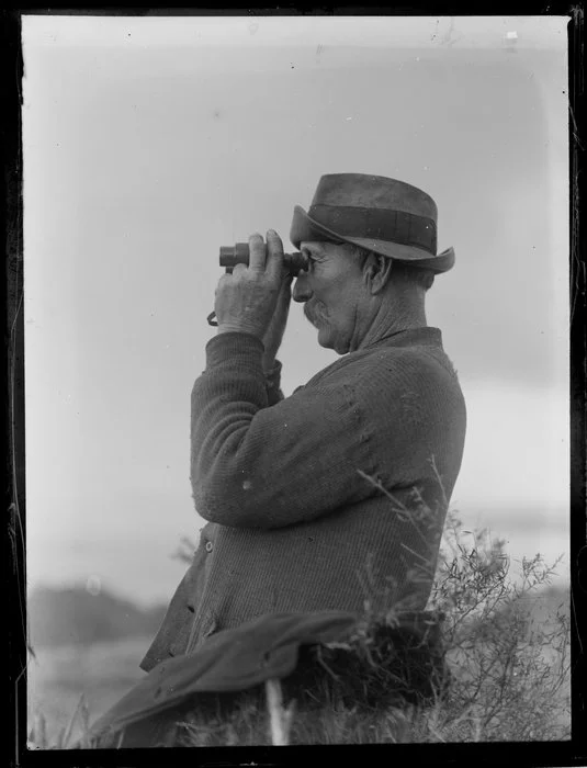 Unidentified man with binoculars searches for whales from land, Bay of Islands, Far North District, Northland Region