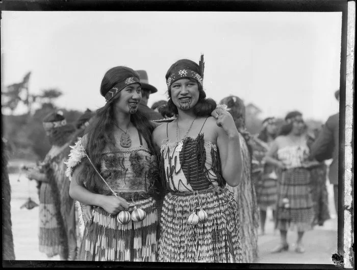 Isabel Ngamihi Charters (nee Rika) and her sister Moana Rika in traditional kapa haka performance dress