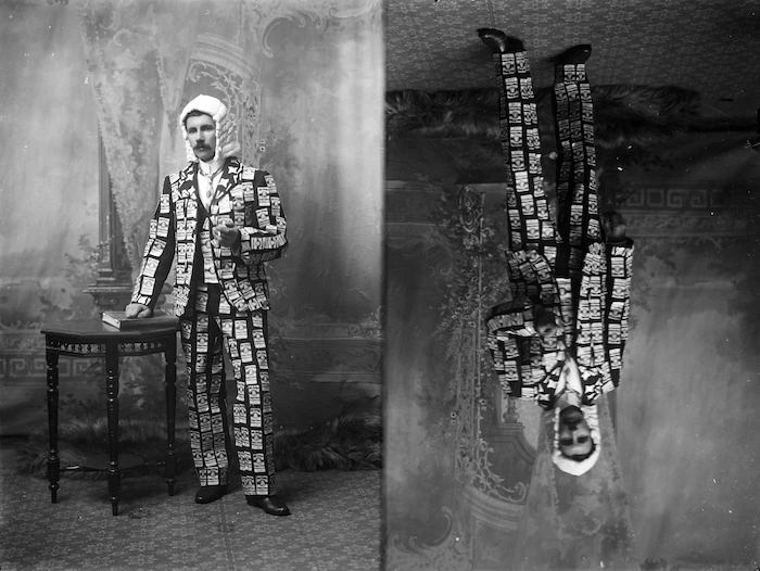 A stereoscopic photograph of Mr Rutherford dressed in a costume advertising `Old Judge' cigarettes