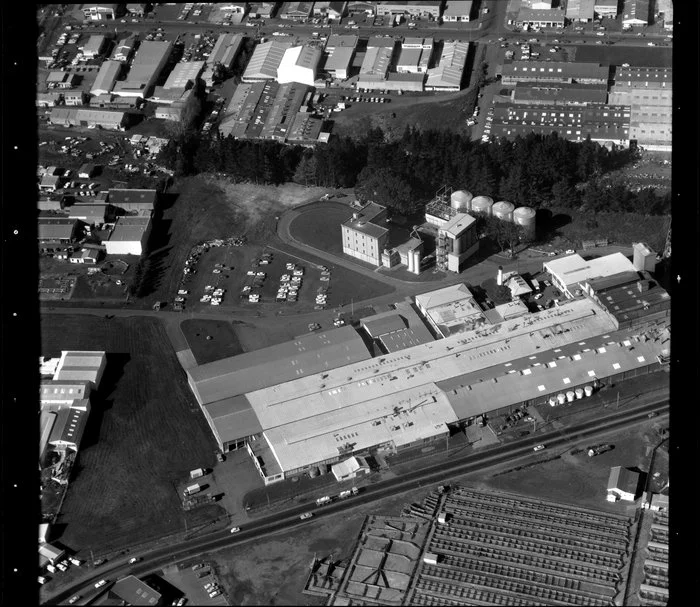 Unidentified factories and stockyards [Westfield Freezing Works?] in industrial area, Manukau City, Auckland