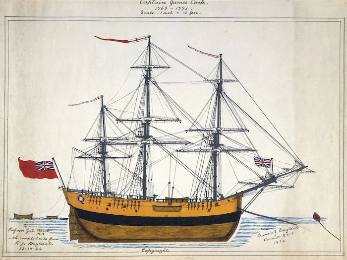 Bayldon, Francis J. B., fl 1920s :Dimensional sketch of H. M. S. Endeavour, Captain James Cook, 1768-1771. 1923. / Francis J. B. Bayldon, Commander, R. N. R., 1923