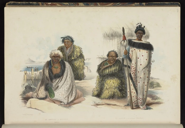 Angas, George French 1822-1886 :Te Heuheu & Hiwikau, Tanpo [sic]. Te Kawaw & his nephew Orakai. George French Angas [delt]; J. W. Giles [lith]. Plate 56. 1847.