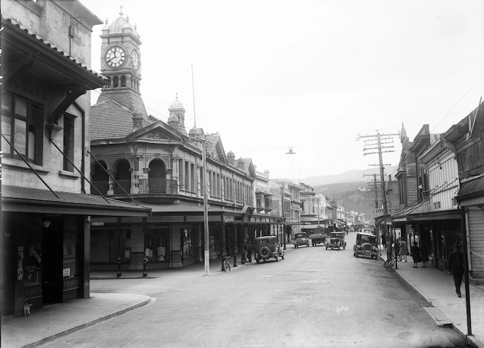 Looking down Jackson Street, Petone, with the business of A Hansen, on the corner of Bay Street, to the left