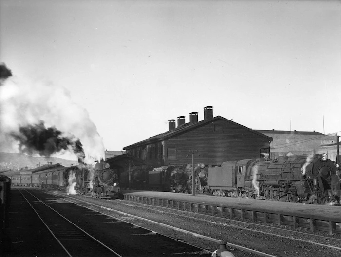 New Zealand Railways Ab and K class locomotives at Thorndon Station, Wellington. 1930s