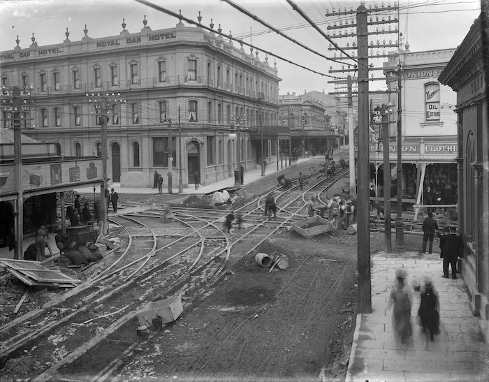 Corner of Cuba and Manners Streets, Wellington, showing men working on tram lines
