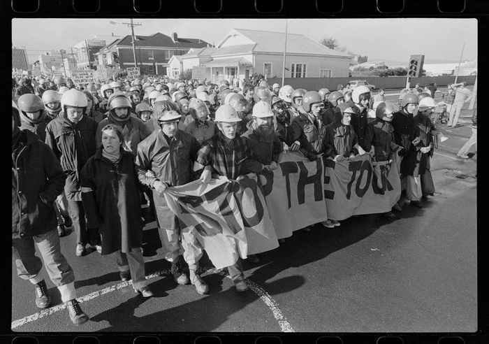 Protest group with "Stop the Tour" banner, Palmerston North