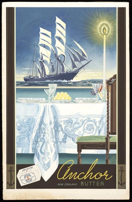 Rykers, Leslie Bertram Archibald, 1897-1976 :Anchor New Zealand butter [Sailing ship] / L Rykers [1938]