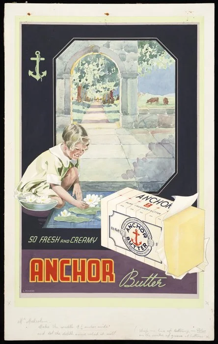Rykers, Leslie Bertram Archibald, 1897-1976 :So fresh and creamy. Anchor butter [Girl at lily pond] / L Rykers [1937]