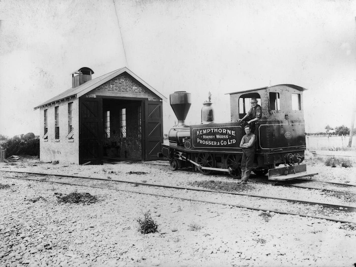 Steam locomotive on Kempthorne Prosser & Co Ltd's private railway, Christchurch