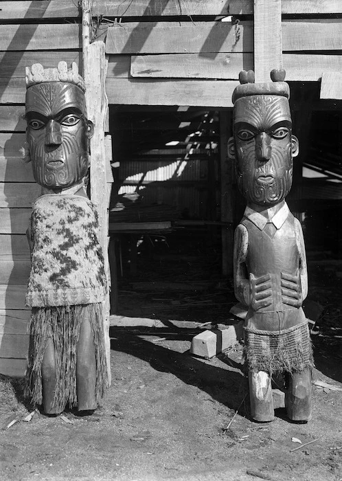 Maori wooden carvings at Te Whai-a-te Motu, Mataatua