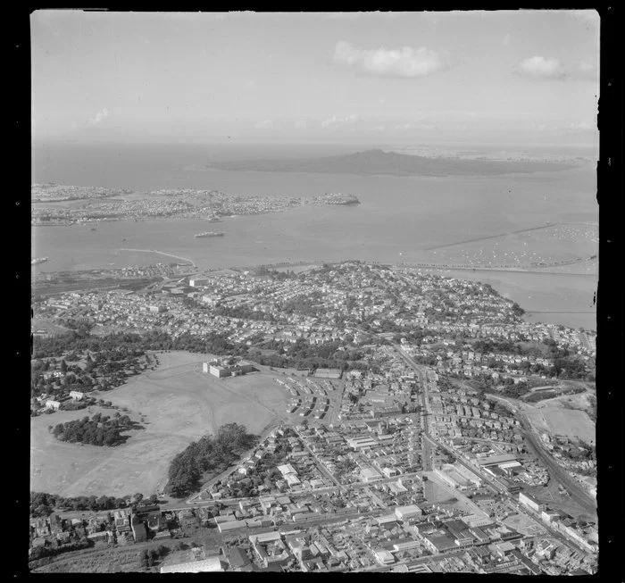 Auckland War Memorial Museum and Domain, including Rangitoto Island in the background
