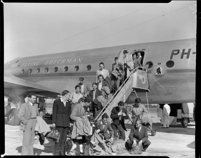 Annual Whenuapai KLM DC-4/C-54A aircraft, Dutch immigrant passengers disembarking