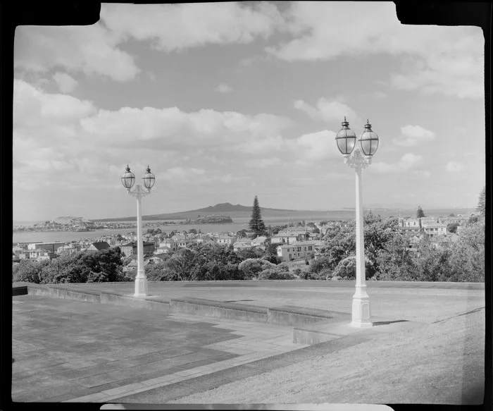 Lamps outside the Auckland War Memorial Museum, looking towards Rangitoto Island