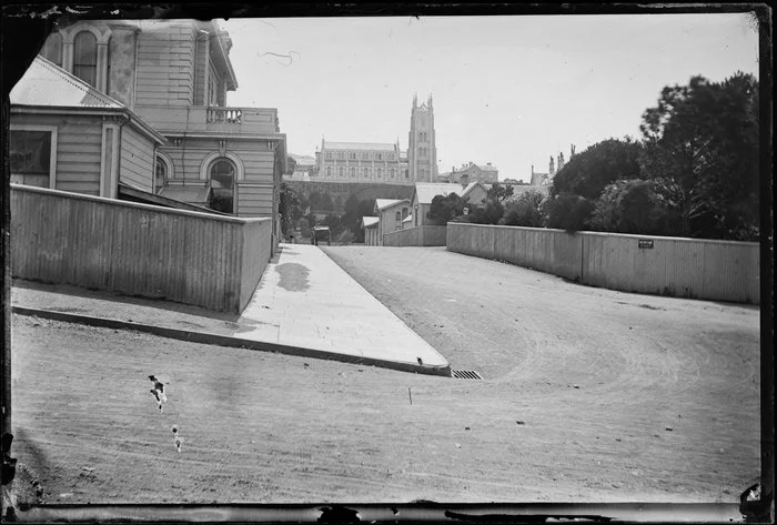 Museum Street, Thorndon, Wellington, showing Colonial Museum in foreground on left, looking towards St Mary's Catholic Cathedral on Hill Street
