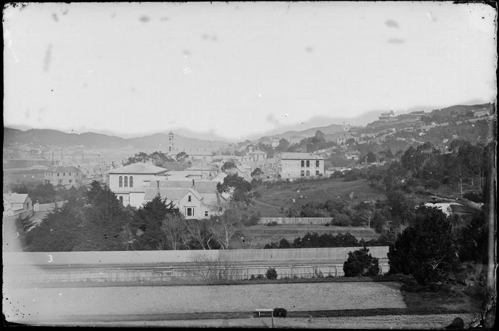 Thorndon, Wellington, showing Museum Street, with James Hector's house and garden on corner, the Colonial Museum, and Lambton Harbour in distance